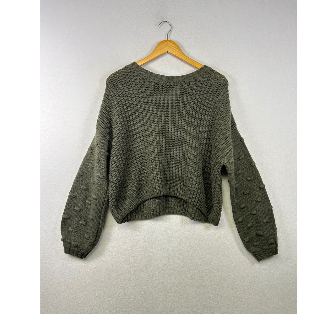 Moon‎ & Madison Popcorn Sleeve Sweater Womens Large Olive Green Ribbed